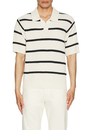 FRAME Striped Polo Sweater in Black Stripe - Cream. Size M (also in S, L).