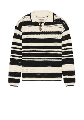 HARAGO Crochet Long Sleeve Polo Shirt in Black & White - White,Black. Size S (also in M, XL/1X).