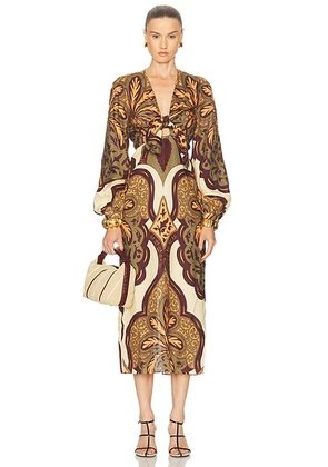 Johanna Ortiz Across Paradise Ankle Dress in Palma Sevillana  Ecru  Olive  & Salmon - Olive,Ivory. Size 6 (also in 4).