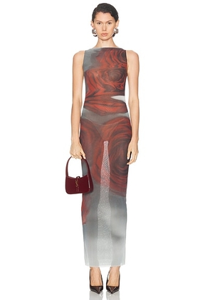 Jean Paul Gaultier Boat Neck Blurry Roses Printed Sleeveless Dress in White  Grey  & Red - Red,Light Grey. Size M (also in XS, S, XL).