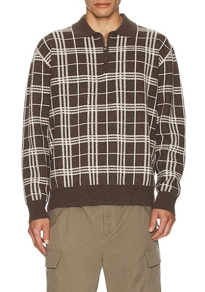 SIMKHAI Klaus Zip Polo Sweater in Chocolate Plaid - Brown. Size M (also in L).