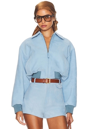 Helsa The Suede Zip Bomber in Faded Denim - Baby Blue. Size L (also in XL).