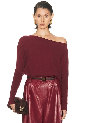 SIMKHAI Lavina Draped Off Shoulder Sweater in Cranberry - Burgundy. Size M (also in L, S, XS).