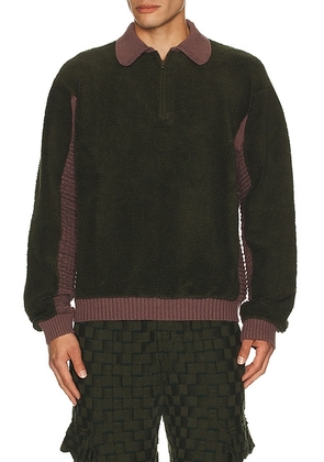ISA BOULDER Relax Zip Up Polo Sweater in Mauve & Occher Green - Green. Size S (also in L).