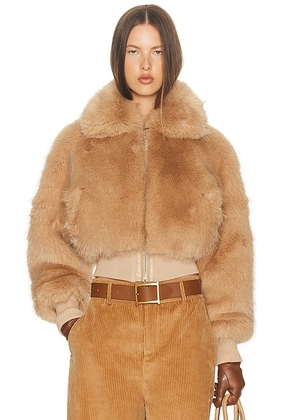 Helsa Faux Fox Bomber Jacket in Bisque - Tan. Size M (also in XS, S, L, XL).