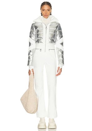 Fusalp Clarisse Ski Suit in Metallic Silver & Neige - Metallic Silver,White. Size 42 (also in 38).