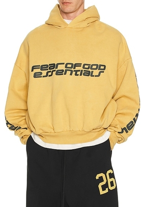 Fear of God ESSENTIALS Cropped Relaxed Hoodie in Canyon - Mustard. Size M (also in XS, S, L, XL/1X).