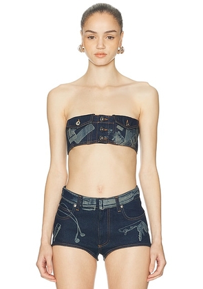 Jean Paul Gaultier Trompe L'Oeil Print Denim Bra Top in Vintage Blue - Blue. Size M (also in XS, S, L).