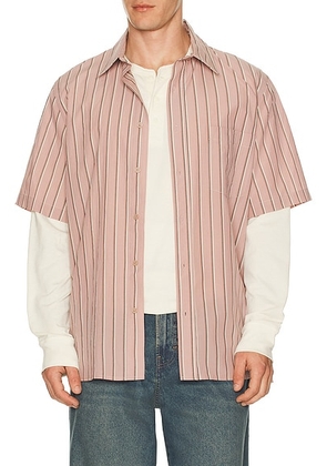 SIMKHAI Deacon Short Sleeve Oversized Shirt in Rose Stripe - Pink. Size M (also in S, L, XL/1X, XXL/2X).