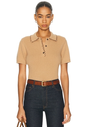 FRAME The Leather Stitch Polo Top in Camel - Tan. Size L (also in XS, S, M).