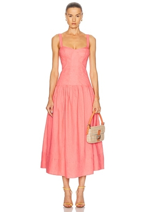 NICHOLAS Makenna Drop Waist Corset Midi Dress in Papaya - Coral. Size 2 (also in 0).