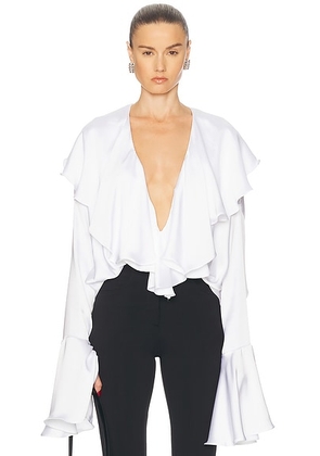 Norma Kamali Long Sleeve Deep V Ruffle Bodysuit in Snow White - White. Size S (also in XS, M).