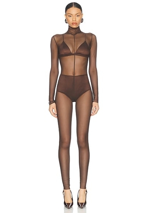 Norma Kamali Long Sleeve Slim Fit Turtleneck Catsuit in Espresso - Chocolate. Size XS (also in L).