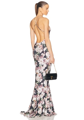 Norma Kamali Low Back Slip Fishtail Gown in Peony - Black,Cream. Size L (also in XS, S, M, XL).