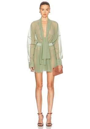 Norma Kamali Super Oversized Boyfriend Shirt Flared Mini Dress With Bow in Vintage Green - Green. Size M (also in XS, XL).