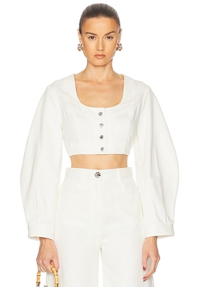 MATTHEW BRUCH Apron Leg Of Mutton Sleeve Crop Top in White Denim - White. Size 2 (also in 0).