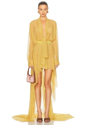 Norma Kamali Hi Low Super Oversized Boyfriend Shirt Flared Gown With Bow in Asparagus - Mustard. Size M (also in XS, S).