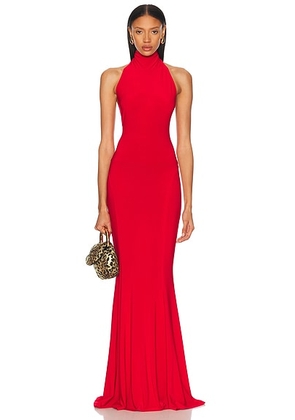 Norma Kamali for FWRD Halter Turtle Fishtail Gown in Tiger Red - Red. Size M (also in XS, S, L).