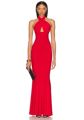 Norma Kamali Cross Halter Fishtail Gown in Tiger Red - Red. Size M (also in XS, S, L, XL).