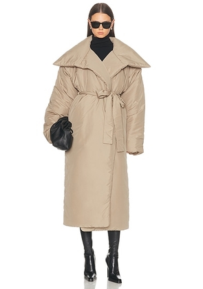 Norma Kamali High Collar Sleeping Bag Long Coat in Elm - Tan. Size XS-S (also in M-L).