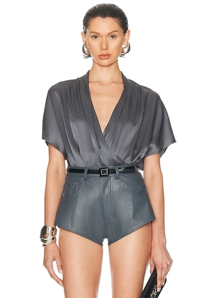 Lapointe Satin Short Sleeve Wrap Top in Gray Blue - Slate. Size S (also in M, XL).
