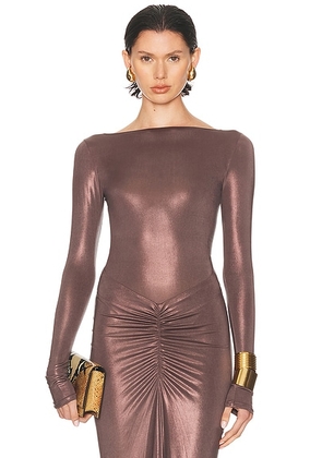 Lapointe Coated Jersey Boatneck Bodysuit in Mocha - Brown. Size M (also in XS, L).