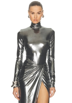 LaQuan Smith Long Sleeve Mock Neck Bodysuit in Silver - Metallic silver. Size S (also in L).