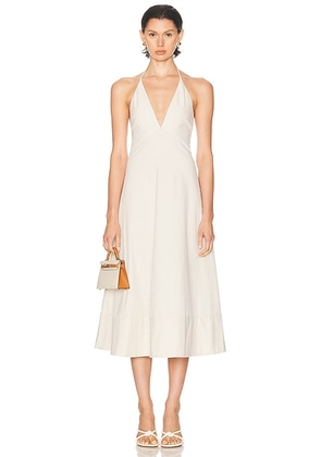 L'Academie by Marianna Emi Midi Dress in Khaki Stripe - Beige. Size M (also in L, XL).