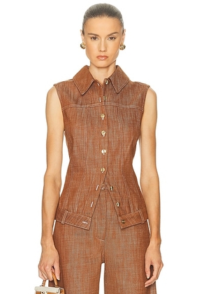 MATTHEW BRUCH Collared Button Down Vest in Brown Denim - Brown. Size 6 (also in 2, 4).