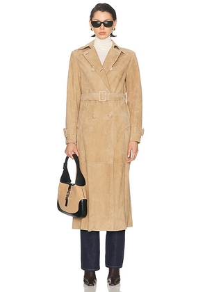 NOUR HAMMOUR Tate Tailored Suede Trench Coat in Sable - Tan. Size 36 (also in 40).