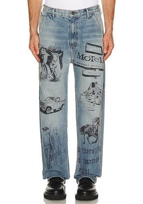 ONE OF THESE DAYS All Over Print Painters Pant in Indigo - Blue. Size S (also in XL/1X).