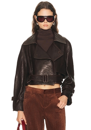 NOUR HAMMOUR Hatti Cropped Leather Jacket in Rich Brown - Chocolate. Size M (also in L, S, XL).