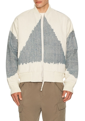 Kardo Max Oversized Quilted Bomber Jacket in Off White & Air Blue - White. Size M (also in L, XL/1X).