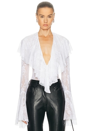 Norma Kamali Long Sleeve Deep V Ruffle Bodysuit in Snow White - White. Size M (also in XS, S, L, XL).