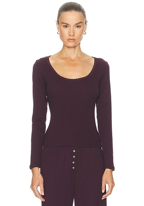 LESET Pointelle Long Sleeve Scoop Neck Top in Dark Berry - Purple. Size M (also in XS, S, L).