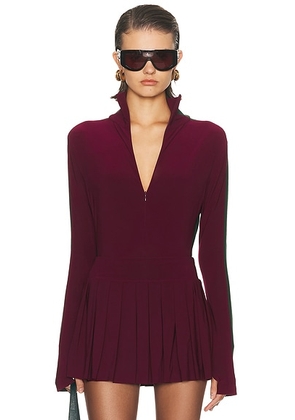 Norma Kamali Side Stripe Zip Front Long Sleeve Turtleneck Bodysuit in Plum & Dark Emerald - Burgundy. Size S (also in XS, M).