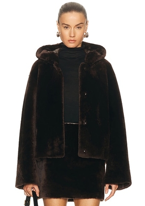 NOUR HAMMOUR Cooper Hooded Shearling Jacket in Deep Brown - Chocolate. Size M (also in L, XL).