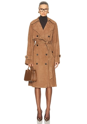 L'Academie By Marianna Dara Suede Trench Coat in Toffee - Brown. Size M (also in XXS, XS, S, L, XL).
