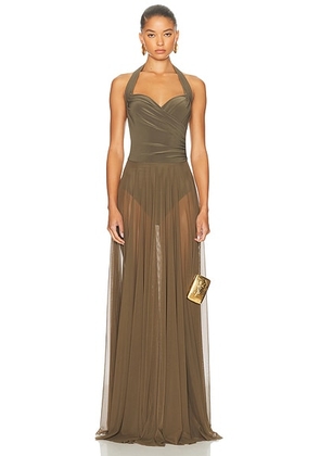 Norma Kamali for FWRD Cayla Flared Gown in Bark - Olive. Size M (also in XS, S, L, XL).