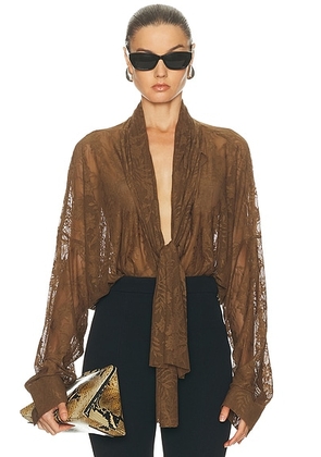 Norma Kamali for FWRD Super Oversized Boyfriend Stretch Lace Bodysuit in Bark Stretch Lace - Brown. Size S (also in XL).