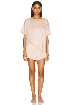LUNYA Washable Silk Tee Short Pajama Set in Delicate Pink - Pink. Size M (also in XS, S, L).