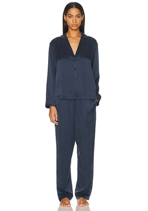LUNYA Washable Silk Long Sleeve Pant Pajama Set in Deep Blue - Navy. Size M (also in XS, S, L).