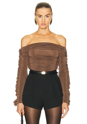 Saint Laurent Off the Shoulder Bodysuit in Terre - Brown. Size M (also in XS, S).