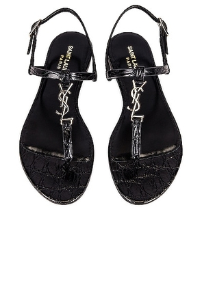 Saint Laurent Cassandra Embossed Croc Flat Sandals in Noir - Black. Size 37 (also in 36).