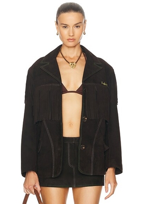 SIEDRES For FWRD Suede Fringe Jacket in Dark Brown - Brown. Size M (also in XS, XL, S, L, XXL).