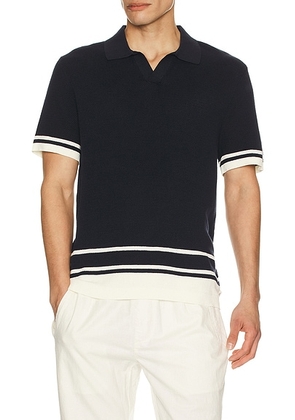 Onia Cotton Textured Johnny Collar Polo in Midnight & Egret - Navy. Size XL/1X (also in S).