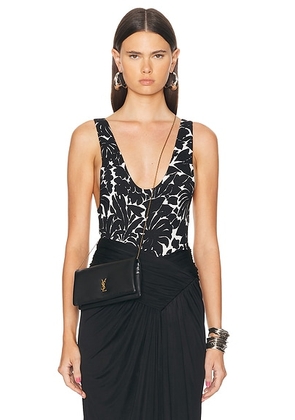 Saint Laurent Palm Print Bodysuit in Craie Noir. Size 40 (also in 36, 42).