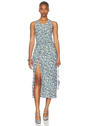 RABANNE Sleeveless Midi Dress in Golden Thistle & Green - Blue. Size 38 (also in 34, 40).