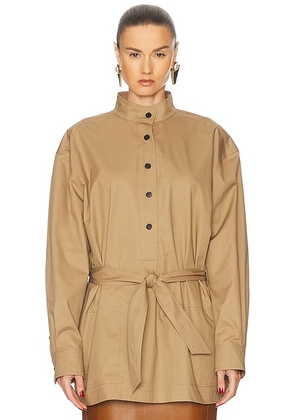 Saint Laurent Belted Long Sleeve Top in Sable Mouille - Beige. Size 36 (also in 38, 34, 40).