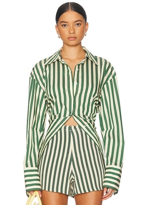 SIMONMILLER Loch Poplin Button Up Top in Gummy Green & Ecru - Green. Size M (also in XS, S, L).